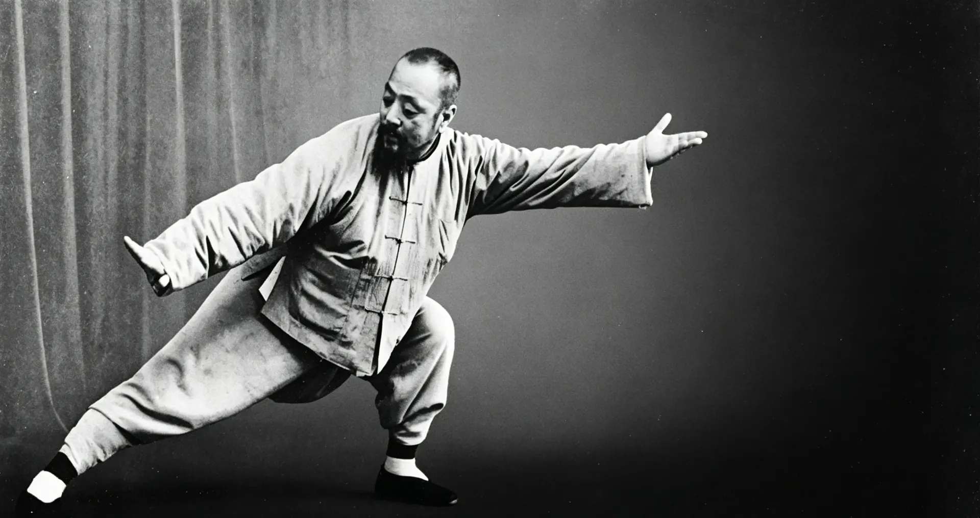 Grandmaster Wu Chien Chuan practising Wu Style Tai Chi Chuan, ink-toned photograph